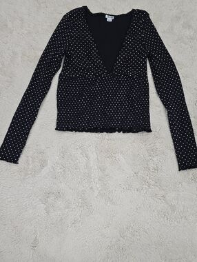 Kimchi Blue Black Long Sleeve Polka Dot Deep V Top